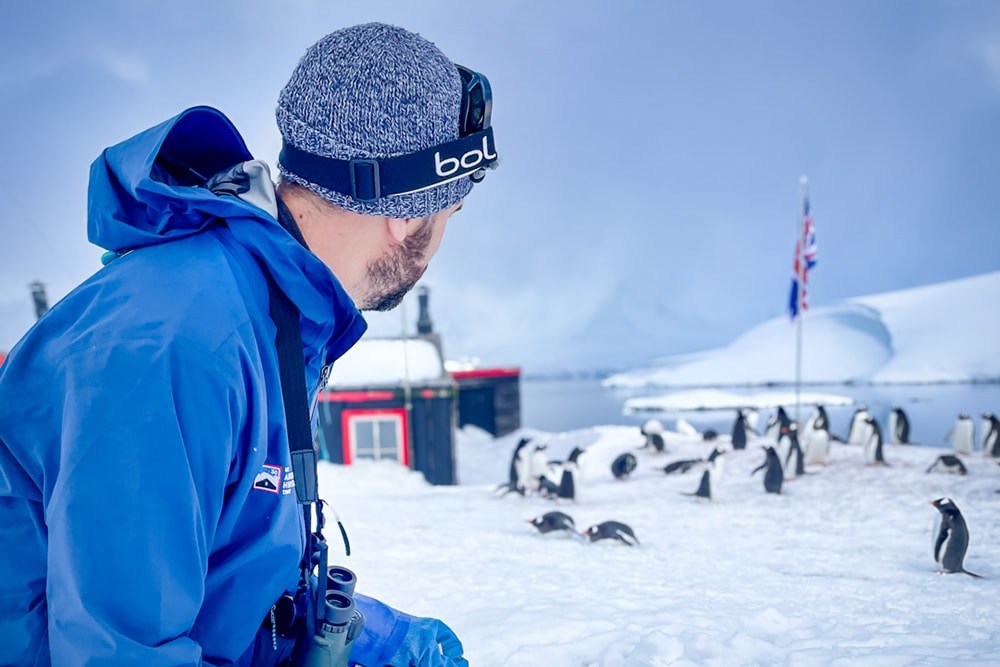 Jerome observing penguins at Port Lockroy
