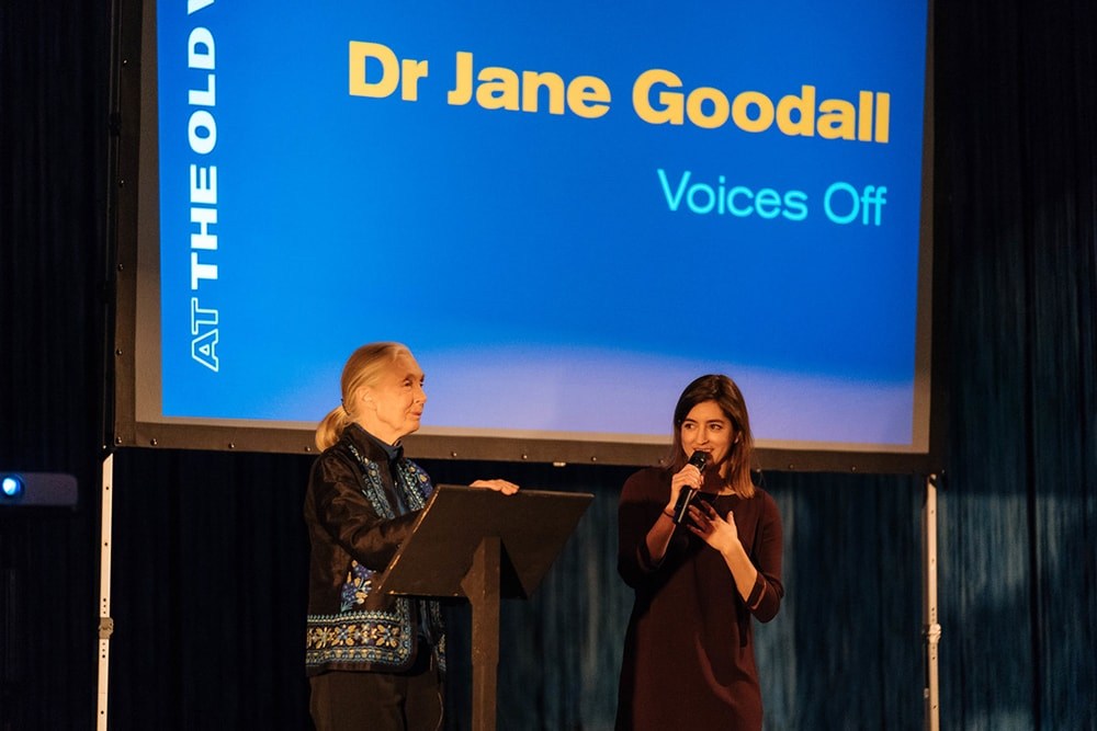 Jessica and Jane Goodall in front of a blue screen
