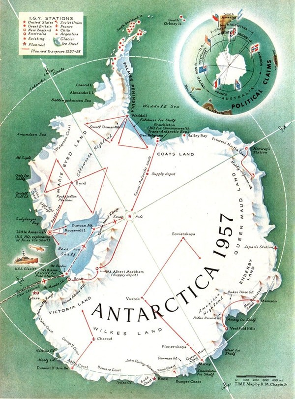 1957 Antarctica map with stations marked in red