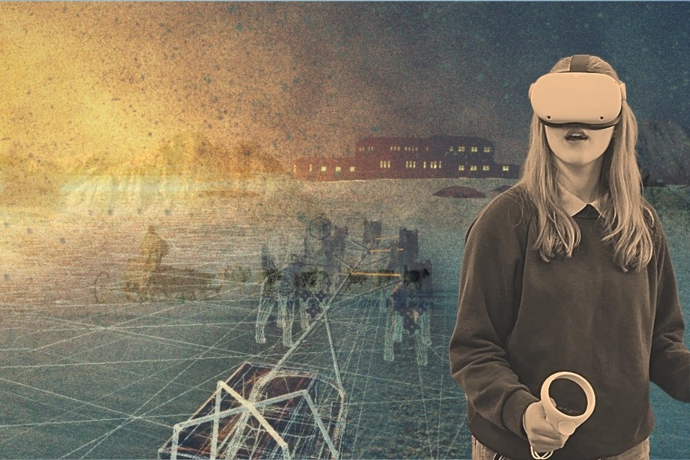 a girl using a vr headset superimposed over antarctic landscape