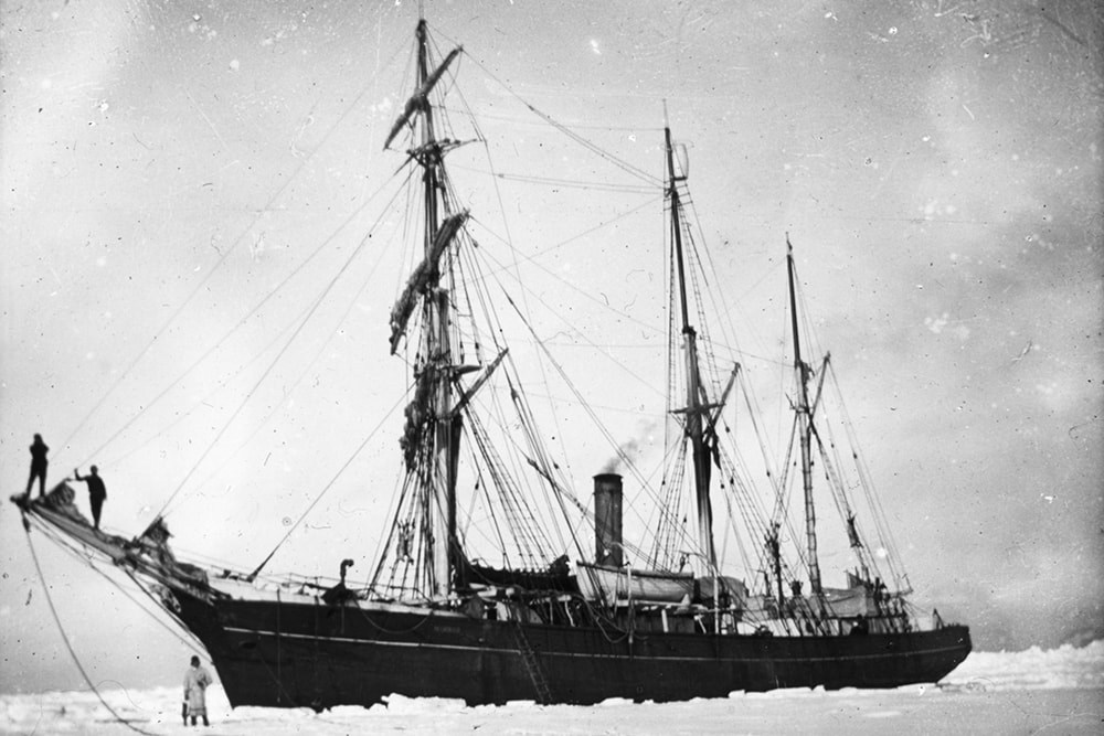 B&W photo of the nimrod ship in antarctica