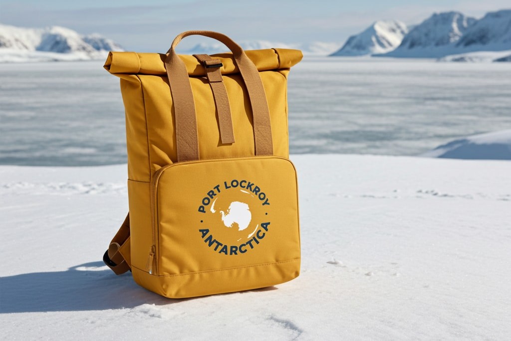 yellow port lockroy backpack on ice