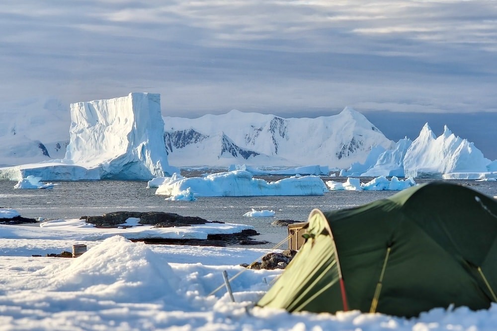 a green tent backed by icebergs